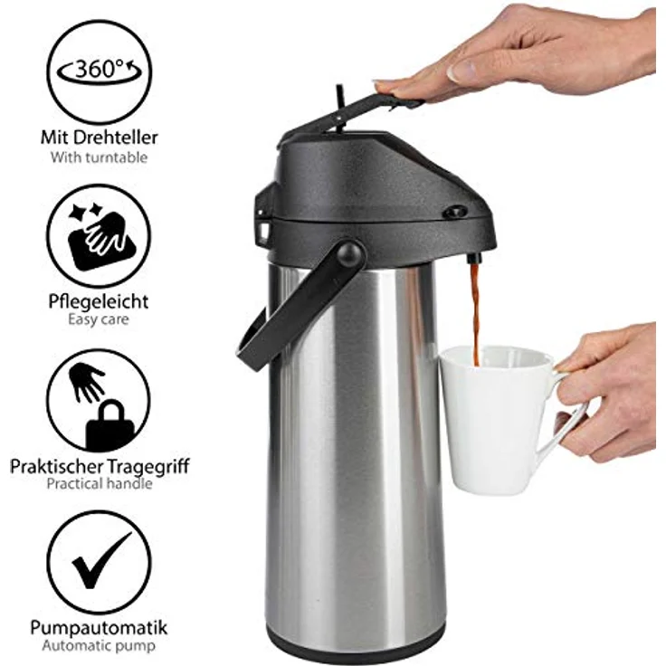 ONVAYA Airpot Pumpkanne | 1,8 Liter | Isolierkanne | Thermoskanne | Getränkespender | Edelstahl mattiert | Kaffeekanne | Doppelwandig – Bild 2