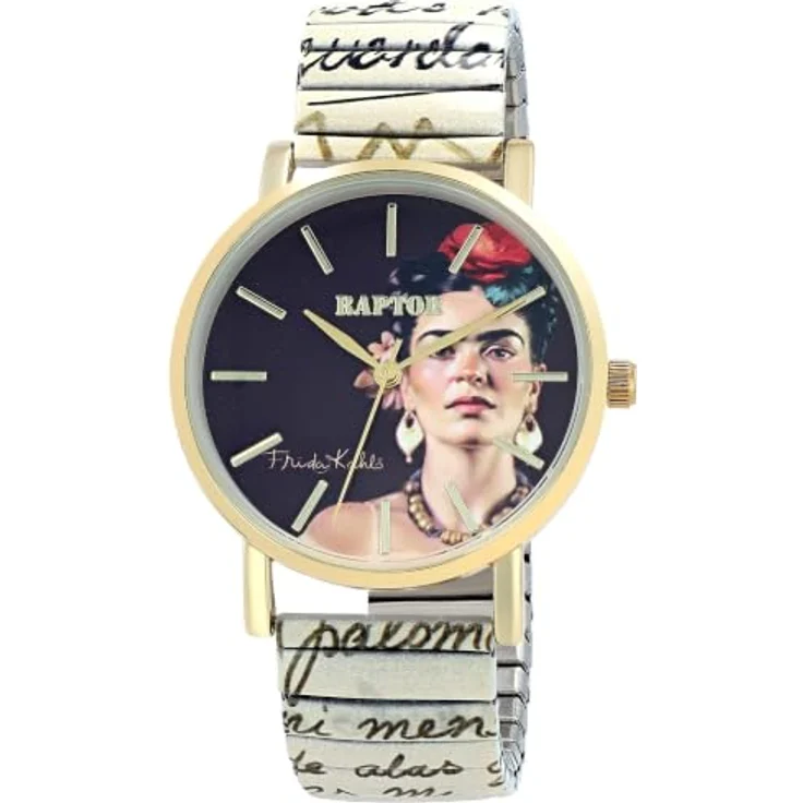 Raptor Damenuhr Frida Kahlo Edition, Edelstahl-Zugbanduhr mit künstlerischem Design und Quarzuhrwerk, Geschenk für Frauen in Uhrenbox (Carta de Frida)