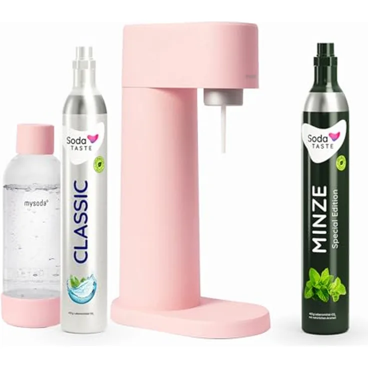 SodaTASTE Sparpaket: Mysoda Woody - Wassersprudler aus erneuerbarem Holzkomposit mit 1L BPA-freier Plastikflasche, CO2-Zylinder Classic + CO2-Zylinder Minze (Rosa)