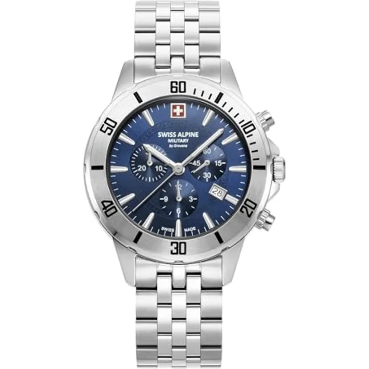 swiss alpine military Herren Uhr 7024.9135SAM, Analog Quarz Chronograph mit Edelstahlarmband und blauem Zifferblatt