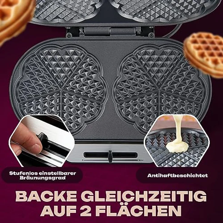 Clatronic Waffelautomat WA 3745, 2 Backflächen, stufenlos Einstellbarer Bräunungsgrad, Antihaftbeschichtung, Schwarz-Edelstahl – Bild 2