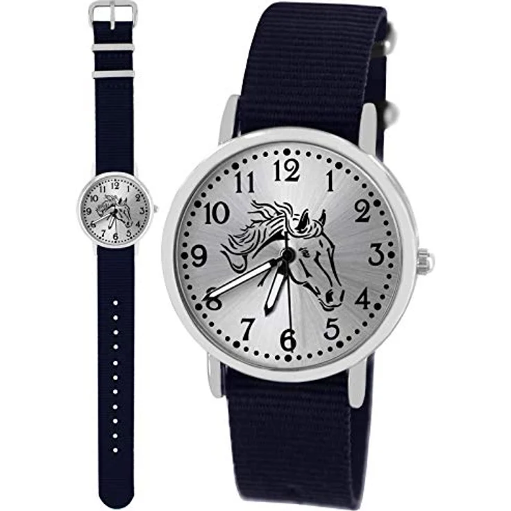 Pacific Time Mädchen Armbanduhr, Pferdemotiv analog Quarz mit blauem Textilarmband, 3,2 cm Gehäuse, leuchtende Zeiger, 11-fach verstellbar – Bild 2