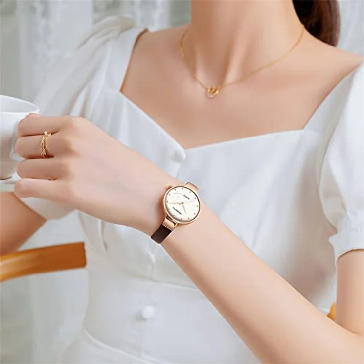 JewelryWe Damen Analog Quarz Uhr, 30m wasserdicht mit braunem Echtlederarmband und Blumenmotiv – Bild 2