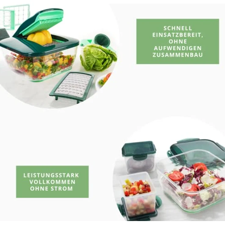 Genius Nicer Dicer Chef Deluxe XXL 37-teilig mit Glasschüssel-Set, Tomaten-Gemüse-Schneider & 3in1 Siebschüssel - Zerkleinerer Zwiebelschneider Pommesschneider, Grün – Bild 4
