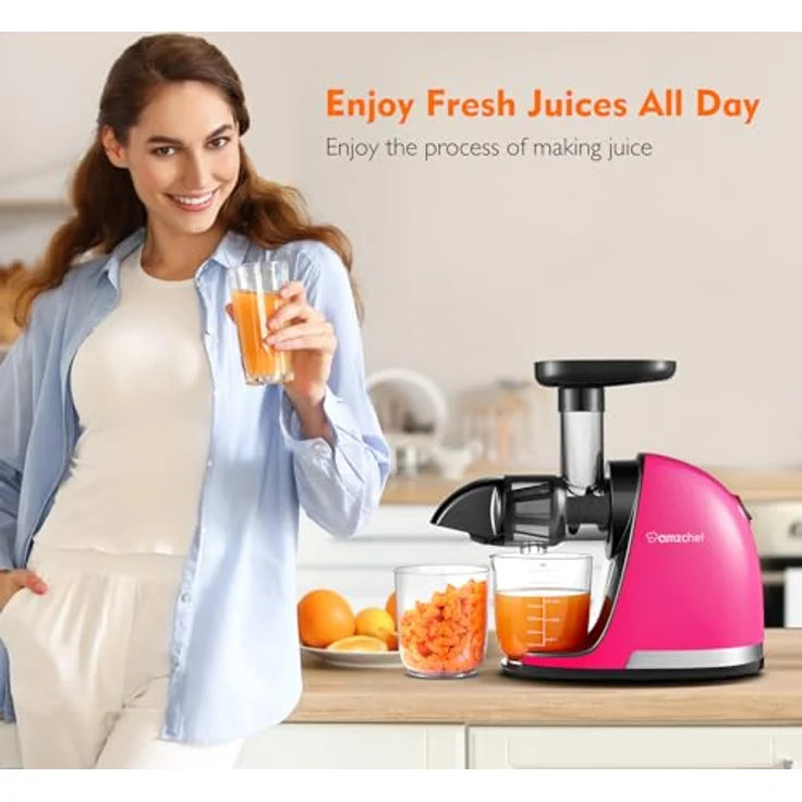 AMZCHEF Entsafter Gemüse und Obst Testsieger - Slow Juicer mit Rückwärts-Kau-Funktion - Zartes Zerkleinern ohne Filtern - Saftpresse Elektrisch mit Bürste und 2 Tassen - Magenta – Bild 2