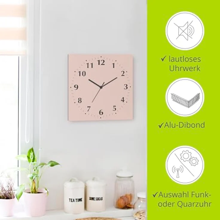 ARTLAND Wanduhr ohne Tickgeräusche Alu Funkuhr 30x30 cm Quadratisch Lautlos 12 Ziffern Farbig Schlichtes Design Altrosa S7KK – Bild 2