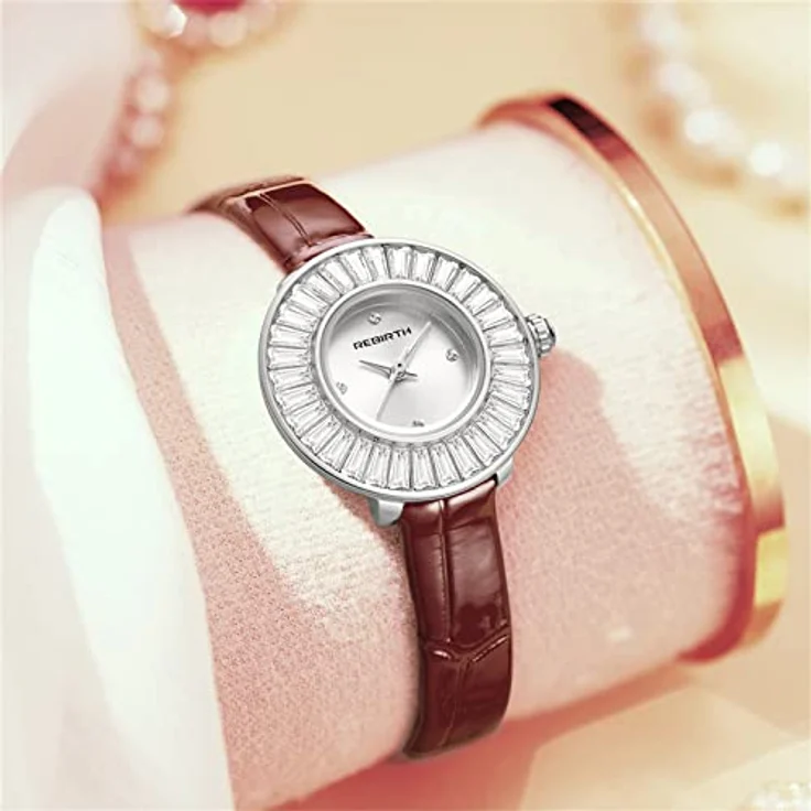 JewelryWe Damenuhr Analog Quarz, trapezförmiges Design mit Kristall, Echtlederarmband, braun, 30m wasserdicht – Bild 4