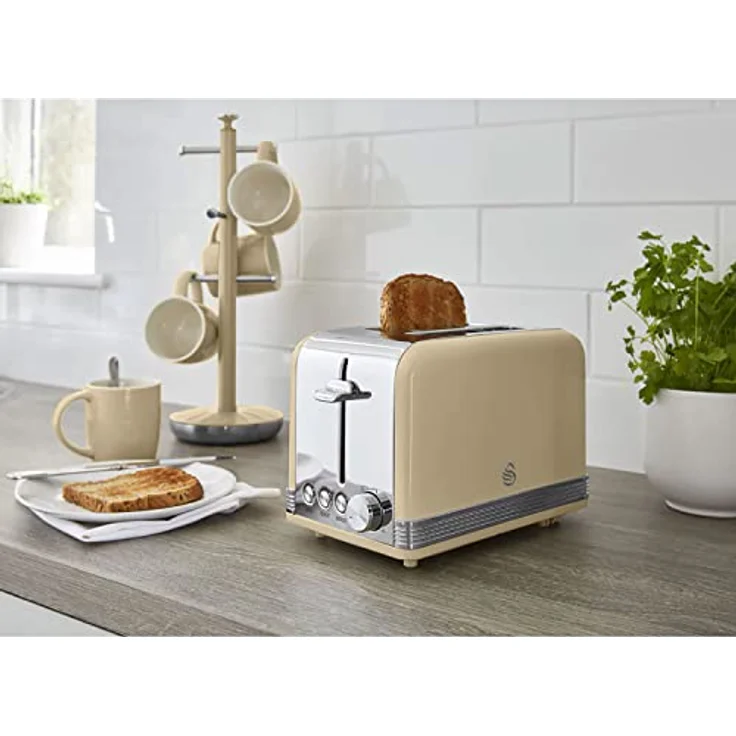 SWAN STP7050CNEU Retro Frühstücksset, Wasserkocher 1,8L kabellos mit Überhitzungsschutz und 2 Breitschlitz-Toaster in Vintage Creme – Bild 4