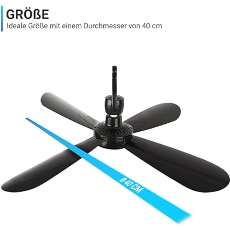 Bestlivings Mobiler Deckenventilator Schwarz (5m XXL Kabel) mit Stecker und Schalter, 220V-240V / 5 Watt, Ø40 cm Decken Ventilator mit Aufhänger – Bild 4