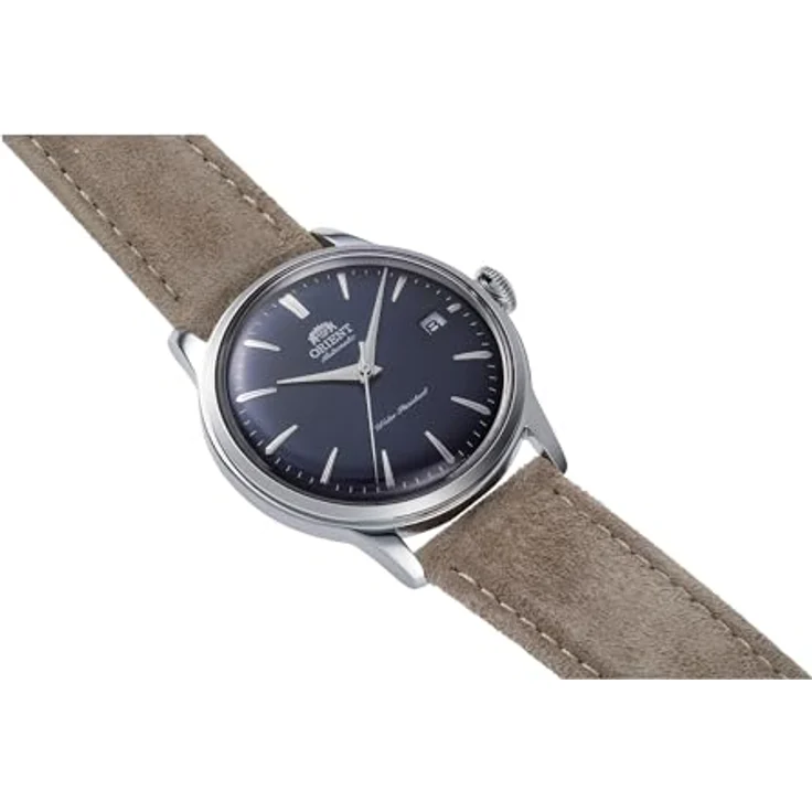 Orient Klassische Uhr RA-AC0M12L, Herrenuhr mit silbergrauem Stahlgehäuse, nachtblauem Zifferblatt und hellbraunem Lederband, mechanisches Uhrwerk mit Datumsanzeige – Bild 3