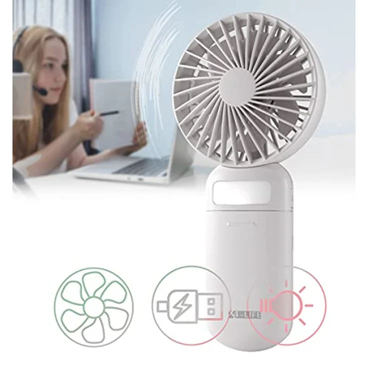 X4-LIFE Mini Tragbarer Handventilator mit Spiegel und LED-Licht - Akku USB - 3 Stufen, leise, leicht, 8 Stunden Laufzeit, Weiss – Bild 2