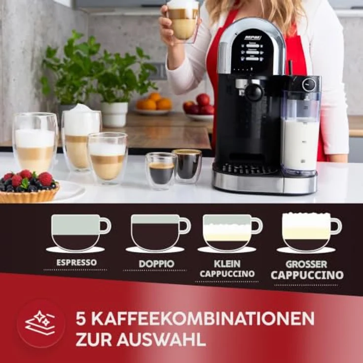 MPM MKW-14M Kaffeevollautomat mit 1470W Leistung, 15-Bar-Druckpumpe und integriertem Milchaufschäumer, Schwarz – Bild 4