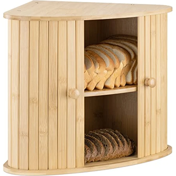 Navaris Brotkasten Ecke aus Bambus - Eckbrotkasten Zwei Etagen - Brotbox aus Holz - Box für die Küche - XL Brotkorb 35x35x35cm - Aufbewahrung Schrank – Bild 1