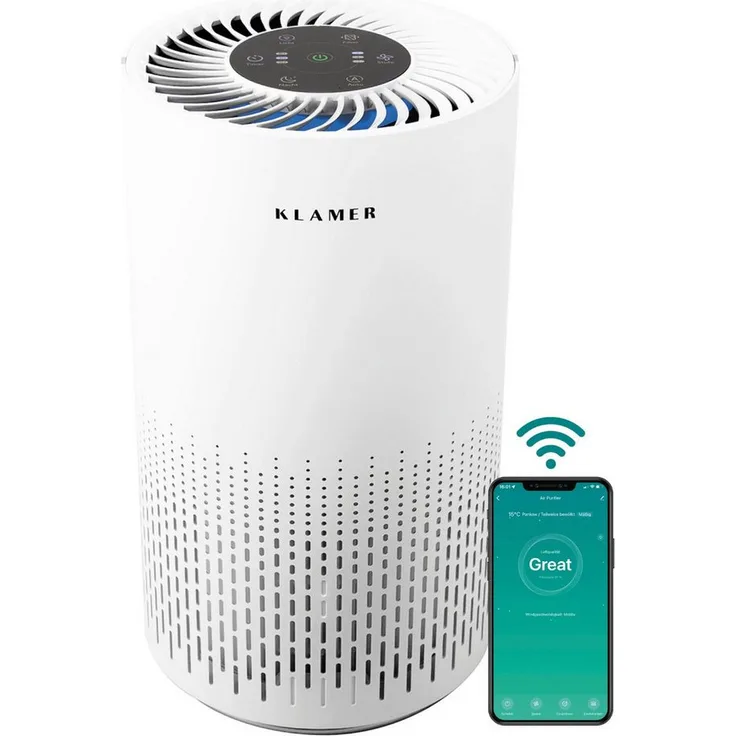 KLAMER Luftreiniger 300i mit HEPA Filter, CADR 220 m³/h, für 50 m² Räume, Smart App, Laser-Sensor, 360° Luftzirkulation, 3 Modi