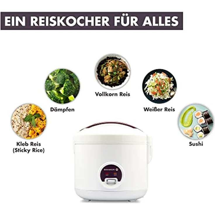 Reishunger Basis Reiskocher, 500 Watt, 1,2l, mit Keramikinnentopf, weiß, lila – Bild 3