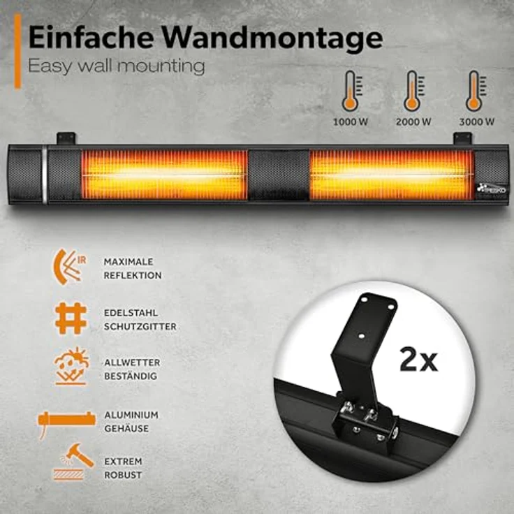 TRESKO Infrarot Heizstrahler 3000W mit Fernbedienung | Wärmestrahler Terrasse elektrisch mit 3 Heizstufen | Terrassenstrahler Innen & Außen | Wand-Heizstrahler Infrarotstrahler Wickeltischstrahler – Bild 4