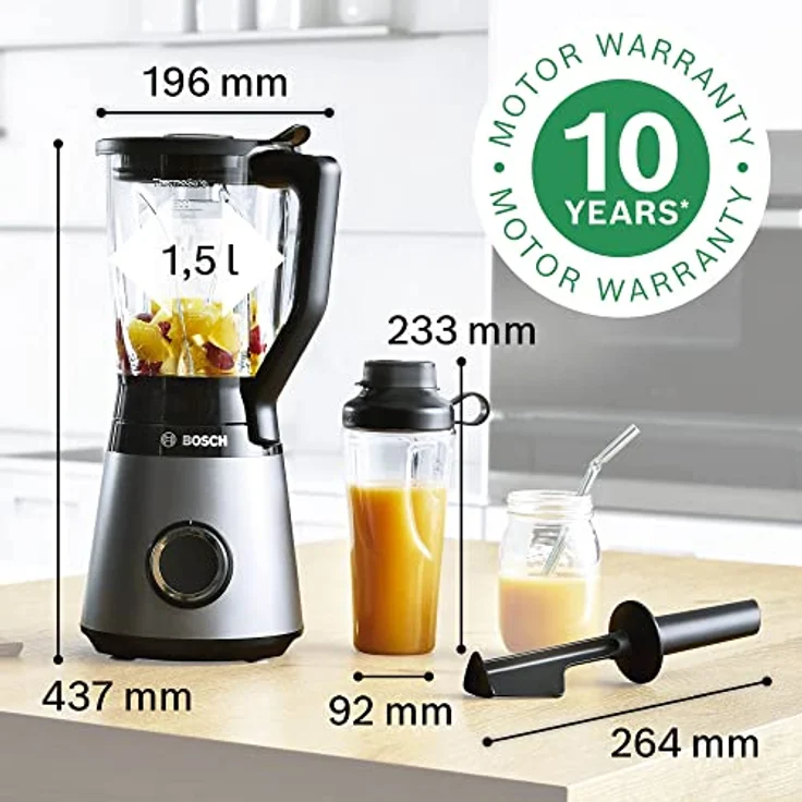 Bosch Standmixer VitaPower Serie 4 MMB6174SN, verbesserte Version, Edelstahl-Klingen Made in Germany, 1,5l Glasbehälter, 0,6l To-Go-Flasche, spülmaschinenfeste Teile, 30,000 U/min, 1200 W, silber – Bild 2