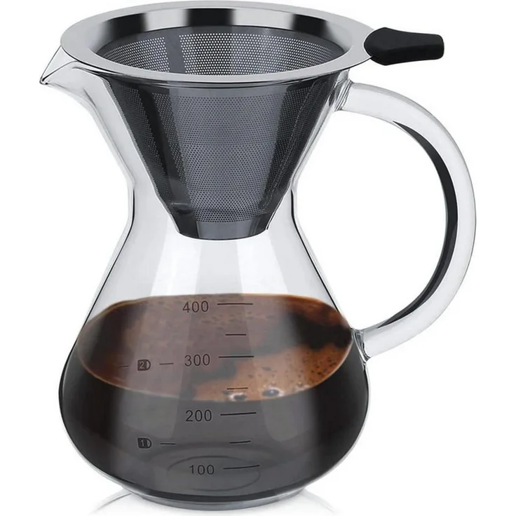 HERCHR Kaffeebereiter, Pour Over Kaffeemaschine aus Borosilikatglas mit Edelstahl Handfilter und Skalenlinie zur Kapazitätskontrolle