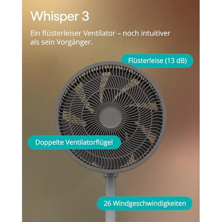 Duux Whisper 3 Standventilator – Energiesparend mit 26 Geschwindigkeiten, Timer, Nachtmodus, höhenverstellbar (73–95 cm), horizontale & vertikale Oszillation, grau – Bild 2