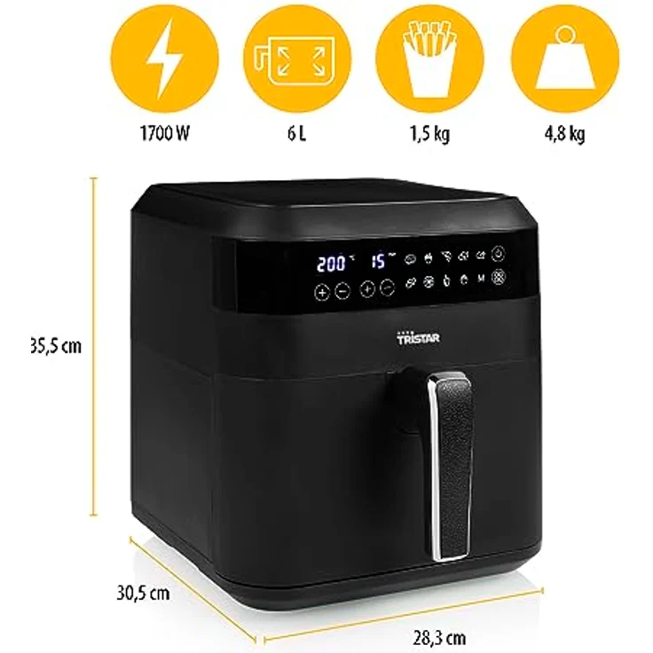 Tristar FR-6999 Digitale Heißluftfritteuse XXL – 6 L – 62,2% weniger Energieverbrauch – 1,5 kg Pommes frites – 10 Programme – Schwarz – Bild 3