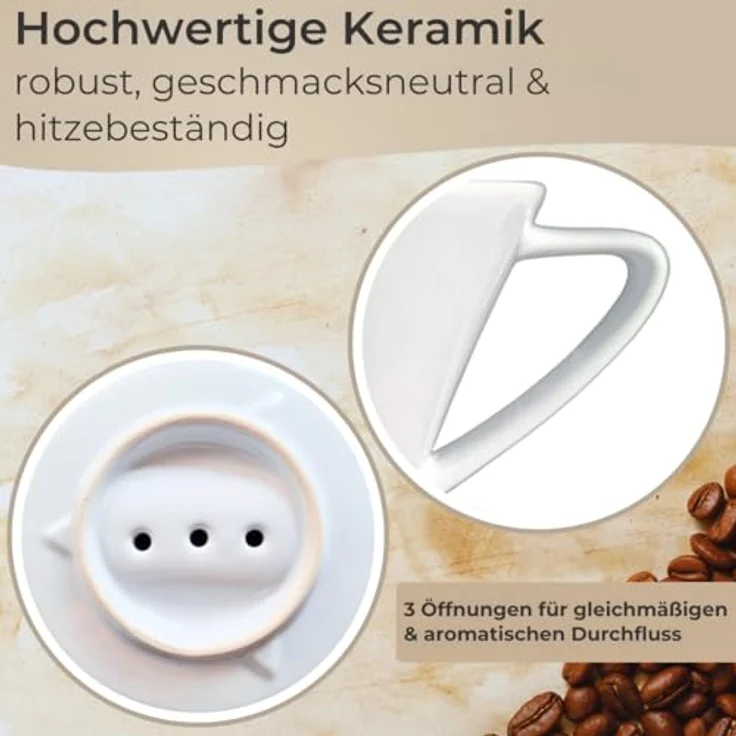 Topanbieter999 Handfilter Keramik Größe 4, Gleichmäßiger Kaffeefluss mit innenliegenden Rillen & 3 Öffnungen, weiß – Bild 4