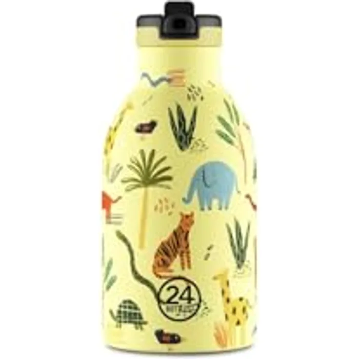 24 Bottles Kids Clima Bottle Jungle Friends, isolierte Trinkflasche aus Edelstahl, 330 ml, bunt mit Strohhalm für Kinder