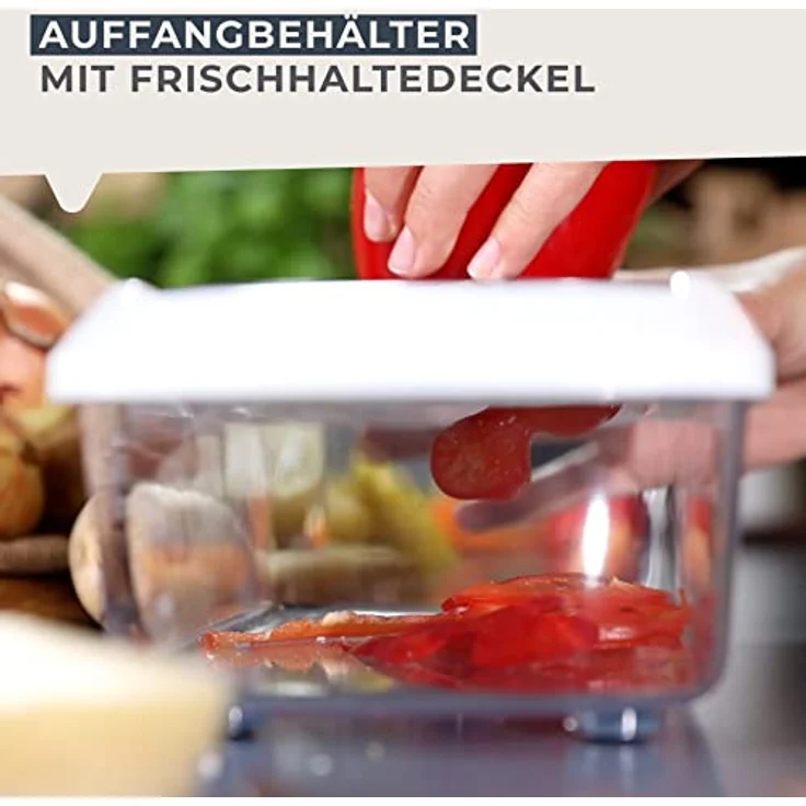 FACKELMANN Multi-Schneider #easyprepare, hochwertiger Multizerkleinerer, Gemüsezerkleinerer mit 11 verschiedenen Aufsätzen, sicherer Halt durch Anti-Rutsch-Füße (Farbe: Weiß-Blau-Grau), 1 x 16 Teile – Bild 5