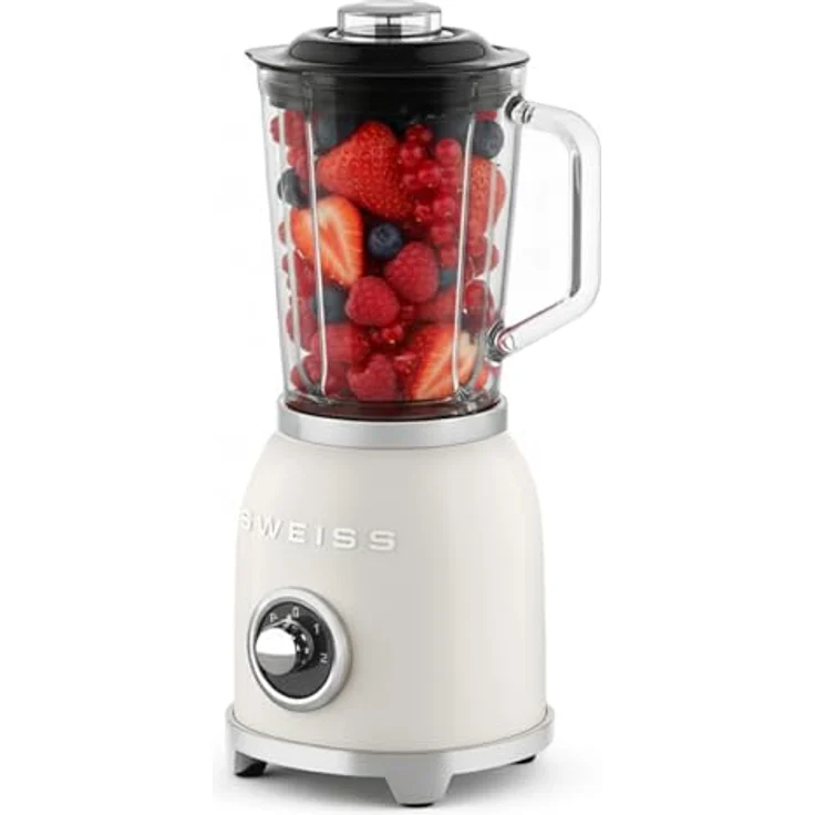 SWEISS Blender Smoothie Vintage MXV8, 1000 W, 2 Geschwindigkeiten, Pulsfunktion, 6 Edelstahlklingen, 1,5-L-Glasbehälter, rutschfeste Füße, Sicherheitsverschluss, Beige – Bild 3