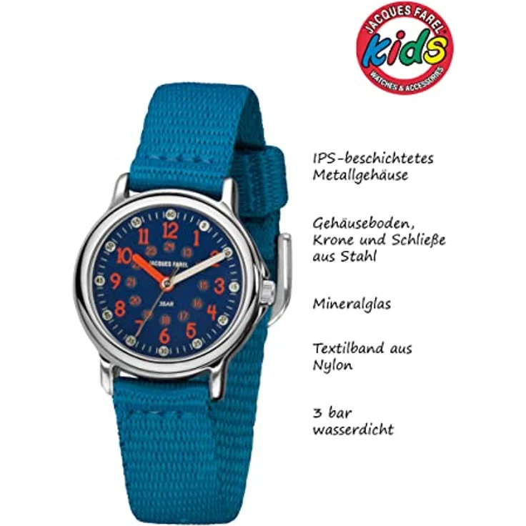 Jacques Farel Quarzuhr KCF 078, Kinderuhr mit Lernzifferblatt, Textilband blau – Bild 3