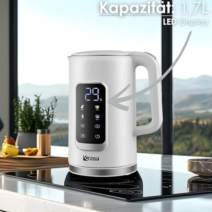 ecosa Wasserkocher Edelstahl mit Temperatureinstellung 1,7 Liter 2200 Watt Teekocher BPA FREI LED Display Warmhaltefunktion (Wanda White) – Bild 2