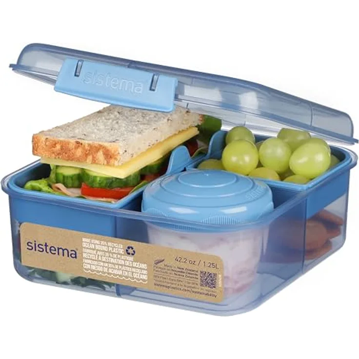 Sistema Ocean Bound Kunststoff-Bento-Box, 1,25 l, quadratische Lunchbox mit Joghurt-/Obst-Topf, BPA-frei, aus recyceltem Kunststoff, Blaugrün oder Blau | 1 Stück