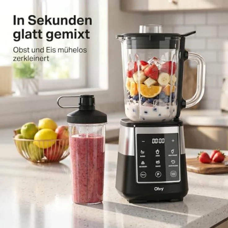 Olvy Standmixer Smoothie Maker, 1.5L Glasbehälter mit 6-Klingen-System und LED-Timer, inklusive To-Go Flasche – Bild 2
