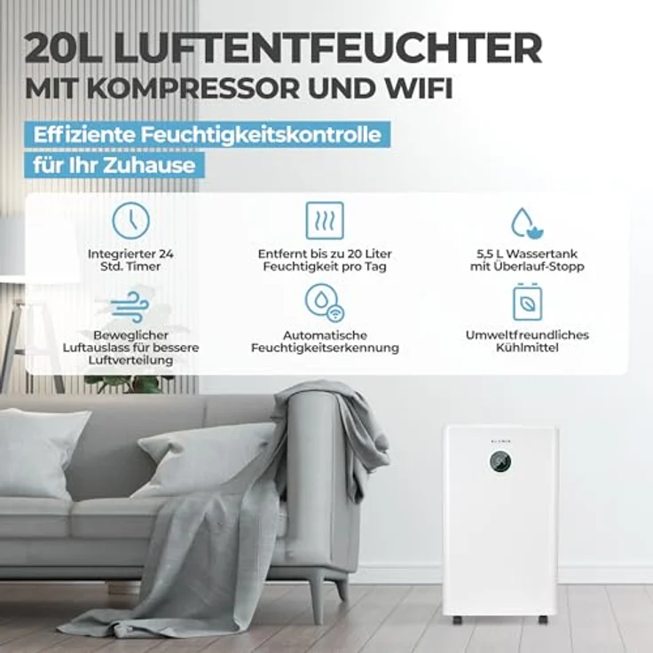 KLAMER Luftentfeuchter elektrisch 20L, 440W Raumentfeuchter mit 180m³ Luftumwälzung pro Stunde und 5,5 Liter Fassungsvermögen – Bild 2