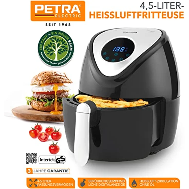 Petra PT4221VDEEU7 Digitale 4,5L W Heißluft-Fritteuse XXL, Korb Antihaftbeschichtung, 1300W, 7 Kochfunktionen, ölfrei, 30-Minuten-Timer, gebackene Brötchen, Pommes Frites, Bratwurst, Wärmezirkulation – Bild 3