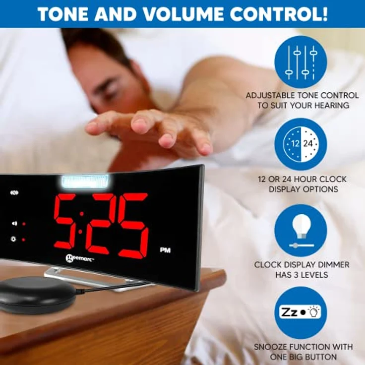 Wecker mit starkem 95dB Alarm, Vibrationskissen, großem Display und Blitzlicht - Die Geemarc Wake 'N' Shake Curve Wird Sie aus dem Tiefschlaf wecken - USB-Ladeanschluss - Version DE – Bild 4