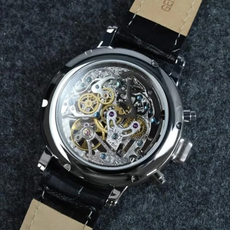 Poljot-International Handaufzug Herrenuhr Chronograph Nicolai II Skeleton 2901.194S011, Edelstahl in Silberfarben, Lederarmband in Schwarz – Bild 4