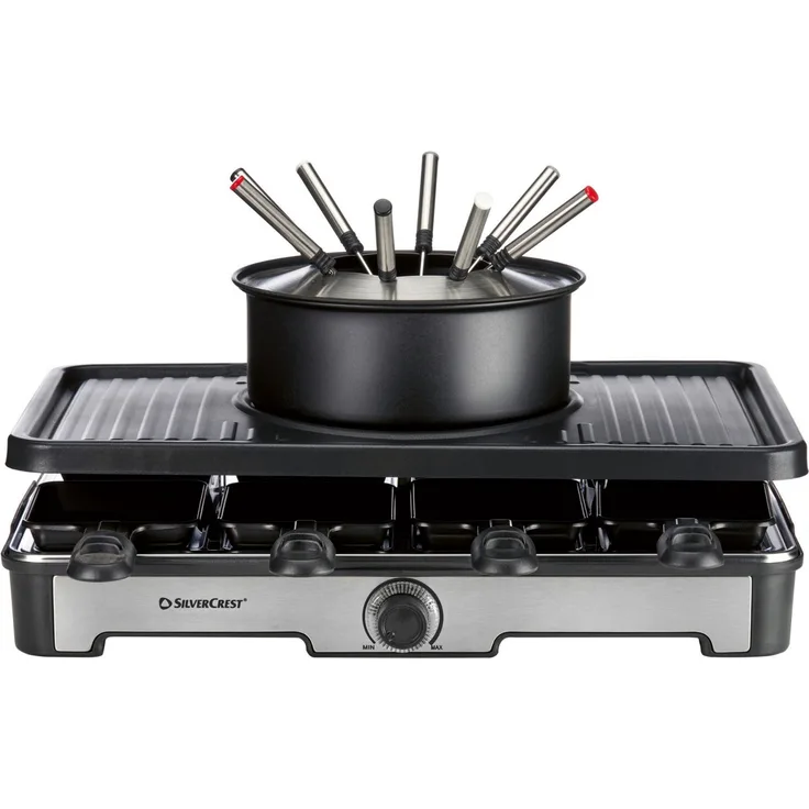 SilverCrest Elektro-Fondue Premium Fondue Raclette Grill Kombi 1400W für 8 Personen, 42 x 27 cm Grillfläche, antihaftbeschichtet, Edelstahl-Reflector, inkl. 8 Pfännchen und Gabeln