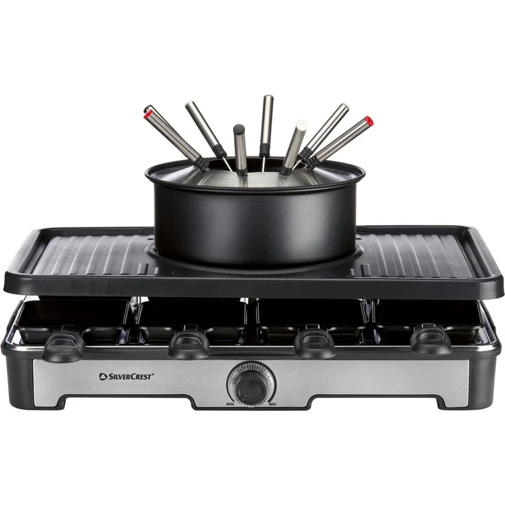 SilverCrest Elektro-Fondue Premium Fondue Raclette Grill Kombi 1400W für 8 Personen, 42 x 27 cm Grillfläche, antihaftbeschichtet, Edelstahl-Reflector, inkl. 8 Pfännchen und Gabeln