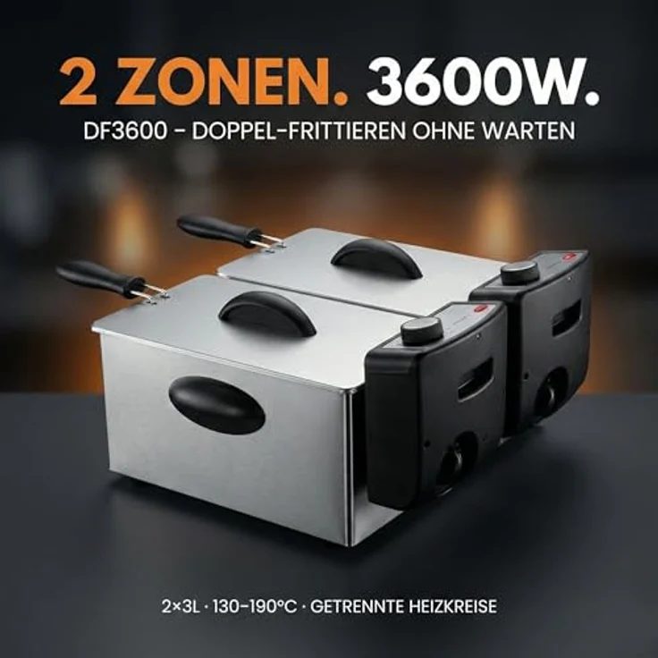 Sommertal DF3600 Doppel Fritteuse mit 2x 3L, 3600 Watt, Edelstahl, 2 getrennte Heizkreise, automatische Sicherheitsabschaltung, 130–190°C Temperaturspektrum – Bild 3