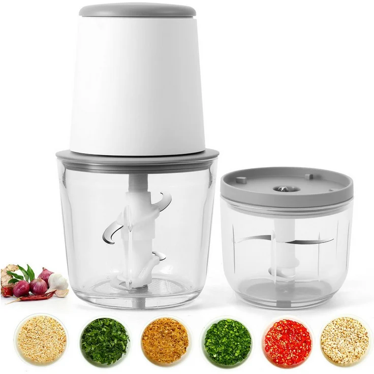 BlingBin Zerkleinerer Lebensmittelzerkleinerer 600 ml, 35W elektrischer Gemüseschneider mit 4/6 Klingen für Fleisch, Zwiebeln, Knoblauch und Obst, weiß