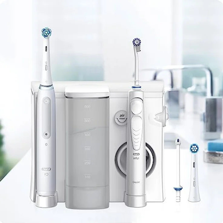 Oral-B iO Series 4 Elektrische Zahnbürste mit OxyJet Munddusche, 2 Aufsteckbürsten, 2 Ersatzdüsen, Set für Zahnreinigung und Zahnpflege, Geschenk Mann/Frau, Designed by Braun, weiß – Bild 2
