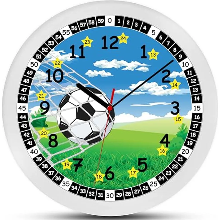 K&L Wall Art Fußball Lernuhr Kinder Wanduhr Junge lautlose Kinderuhr modern Mädchen Jungenuhr ohne Tickgeräusche (Blau, Grün, 30 cm) - Preisvergleich
