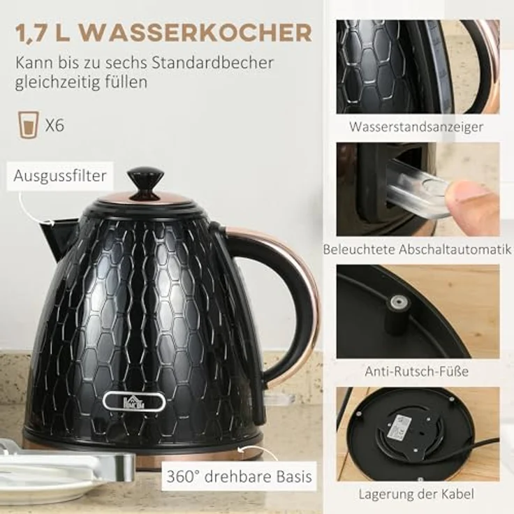 HOMCOM Toaster-Set mit Wasserkocher, 1,7L und sieben Bräunungsstufen, Schwarz – Bild 3