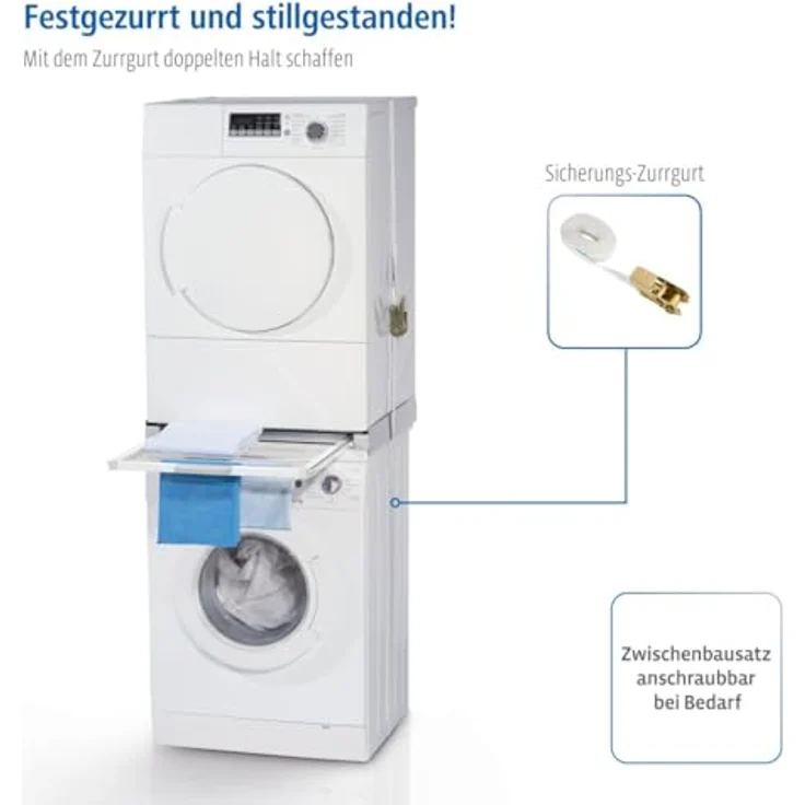 Xavax Zwischenbaurahmen mit Wäscheleine (Verbindungsrahmen für Waschmaschine und Trockner, Zwischenbausatz mit integriertem Wäscheständer, inkl. Zurrgurt) weiß – Bild 4