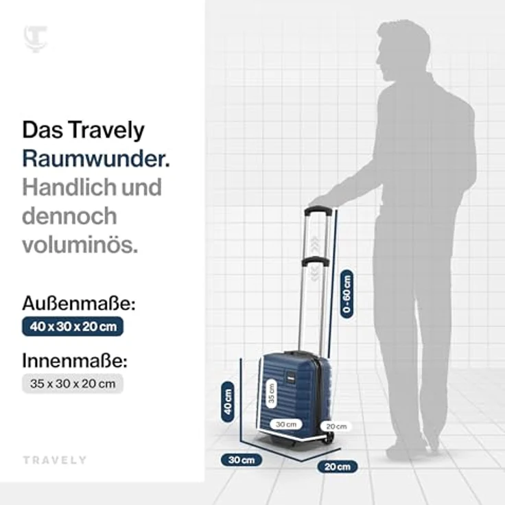 Travely Premium Handgepäck Koffer 40x30x20cm, 26L Volumen, sanfte Rollen, passend für Ryanair und Lufthansa, Tiefseeblau – Bild 4