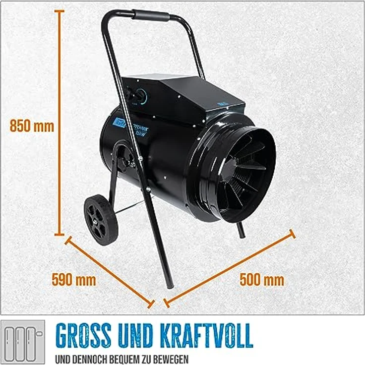 Güde Elektroheizgebläse GEH 15 (400 V, 15000 W Heizleistung, 2 Heizstufen (7500/15000 W) + Ventilatorfunktion, 300 m³/h max. Raumheizvermögen, stufenloses Thermostat, Überhitzungsschutz, Fahrgriff) – Bild 3