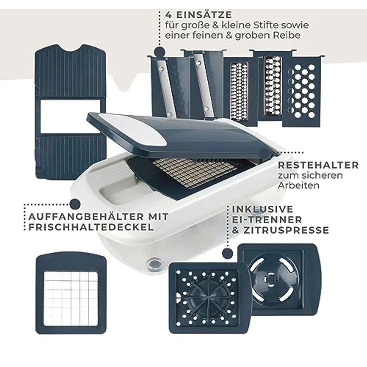 FACKELMANN Multi-Schneider #easyprepare, hochwertiger Multizerkleinerer, Gemüsezerkleinerer mit 11 verschiedenen Aufsätzen, sicherer Halt durch Anti-Rutsch-Füße (Farbe: Weiß-Blau-Grau), 1 x 16 Teile – Bild 2
