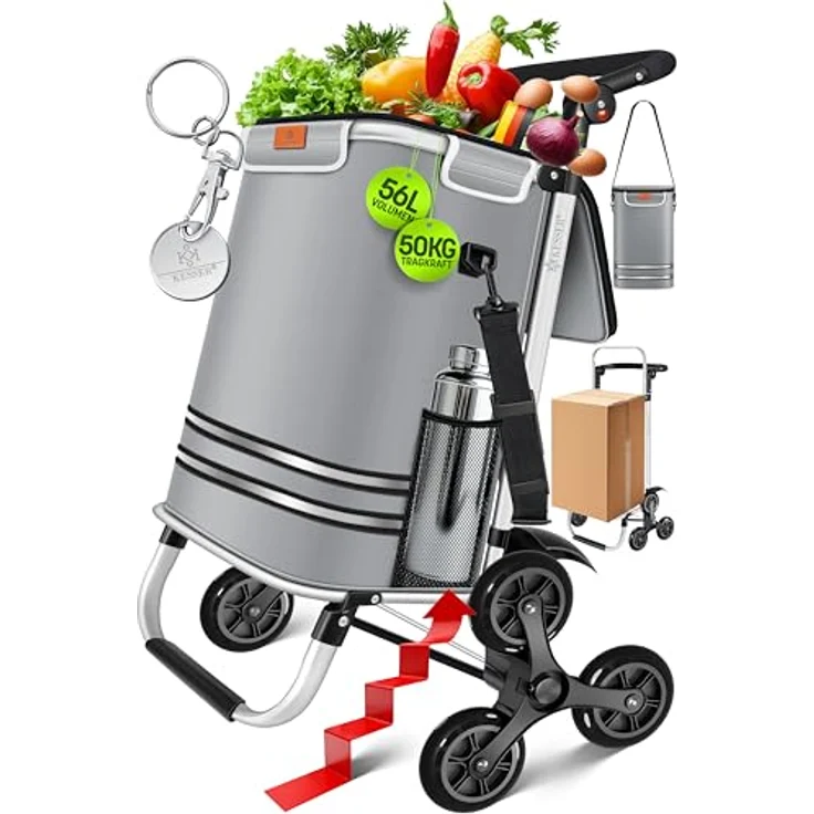 KESSER® Einkaufstrolley Treppensteiger mit Kühlfach, klappbar, 56L Kapazität, bis 50kg belastbar, 3in1 Trolley Sackkarre & Umhängetasche, Grau – Bild 1