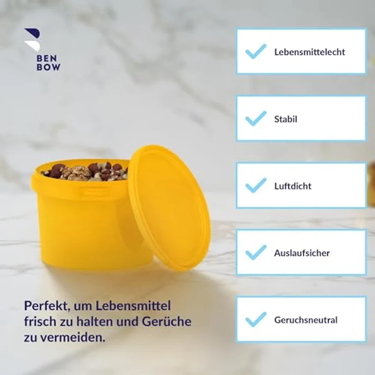 BenBow Eimer mit Deckel gelb 0,5 Liter - lebensmittelecht, stabil, luftdicht, auslaufsicher, geruchsneutral - Kunststoffbehälter mit Henkel, leer – Bild 3