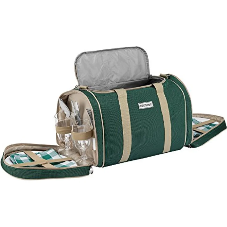 Anndora Picknick Kühltasche Decke Geschirr Besteck 4 Personen dunkelgrün beige – Bild 6